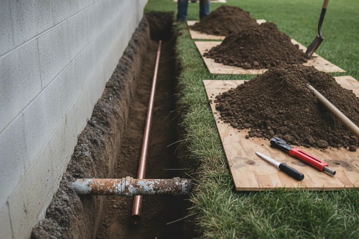 Excavated water line trench during Sewer Line Repair in Barnstead